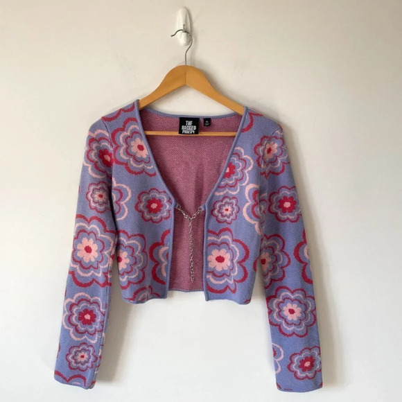 The Ragged Priest Free Bird Knit Top Open Front Cardigan Purple Pink Floral XS - Picture 3 of 8
